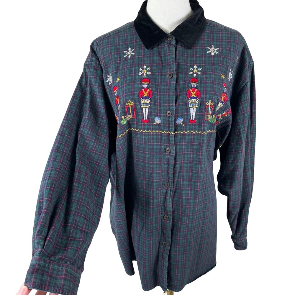 VTG 90s Victoria Jones Button Down Women 2X Green Plaid Nutcracker Velvet Collar